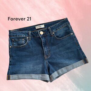 Forever 21 Curvy Fit High Rise Stretchy Rolled Cuff Blue Denim Jean Shorts